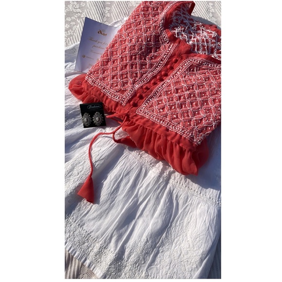 Alfah finery’s hand embroidered short frock Tomato red colour - Picture 5 of 6